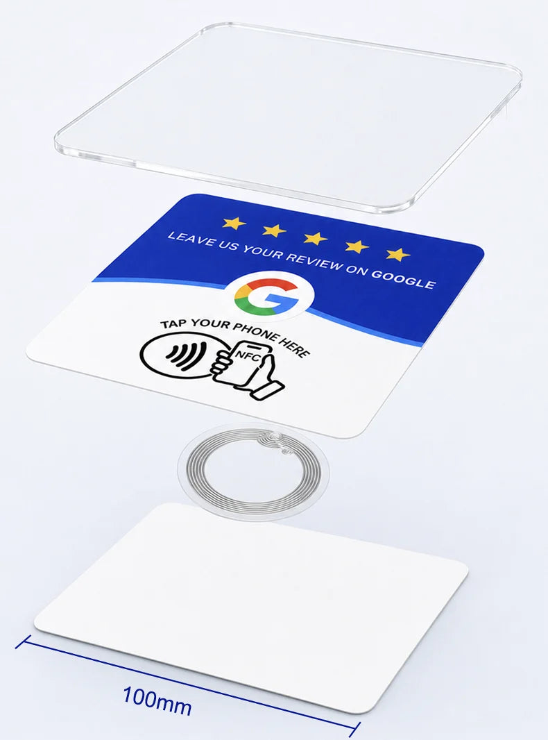 Exploded view of the plaque: clear acrylic, printed graphic, NFC chip and adhesive backing