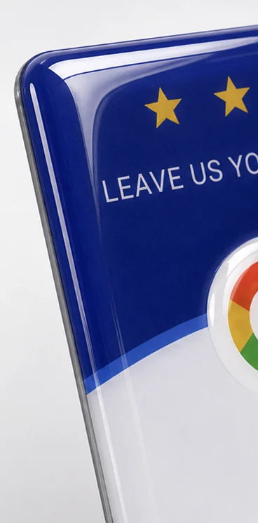Close-up of a Epoxy sticker review plaque