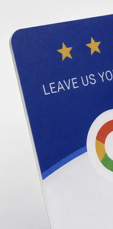 Close-up of a PVC card review plaque